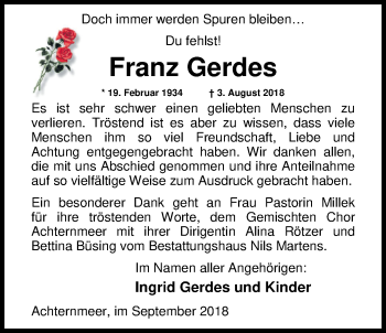 Traueranzeige von Franz Gerdes von Nordwest-Zeitung