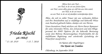 Traueranzeige von Frieda Röschl von Nordwest-Zeitung