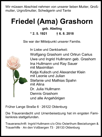 Traueranzeige von Friedel  Grashorn von Nordwest-Zeitung