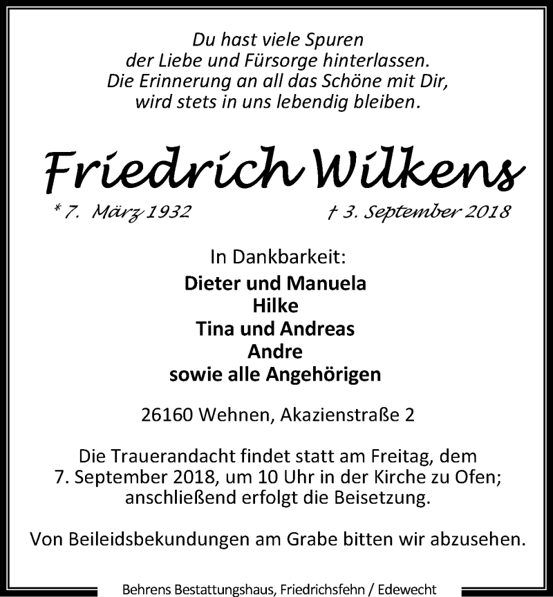  Traueranzeige für Friedrich Wilkens vom 05.09.2018 aus Nordwest-Zeitung
