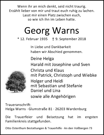 Traueranzeige von Georg Warns von Nordwest-Zeitung