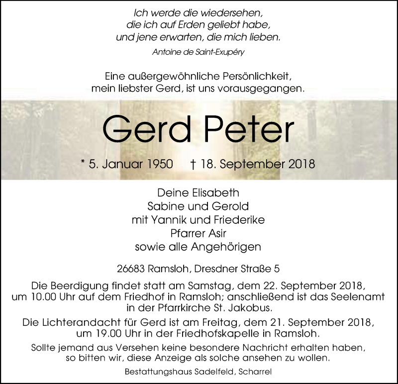  Traueranzeige für Gerd Peter vom 20.09.2018 aus Nordwest-Zeitung