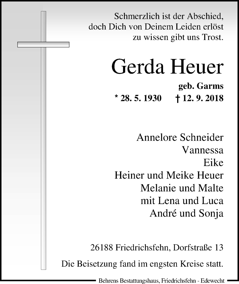  Traueranzeige für Gerda Heuer vom 20.09.2018 aus Nordwest-Zeitung