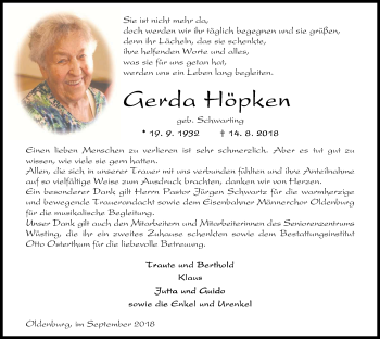 Traueranzeige von Gerda Höpken von Nordwest-Zeitung