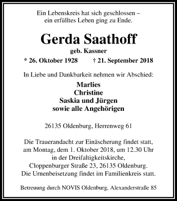 Traueranzeige von Gerda Saathoff von Nordwest-Zeitung