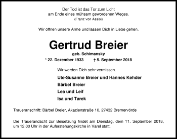 Traueranzeige von Gertrud Breier von Nordwest-Zeitung