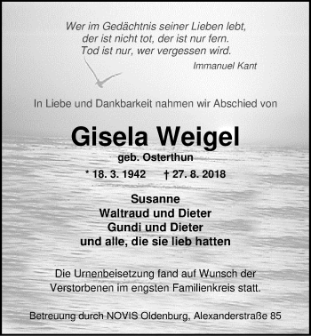 Traueranzeige von Gisela Weigel von Nordwest-Zeitung
