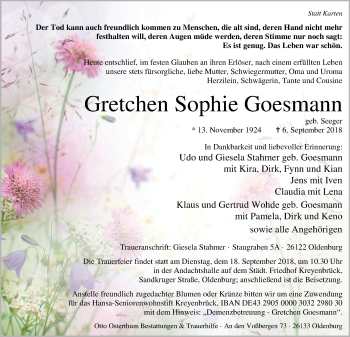 Traueranzeige von Gretchen Sophie Goesmann von Nordwest-Zeitung