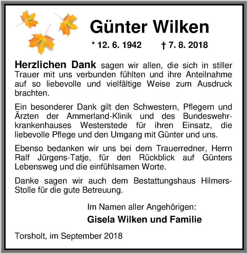  Traueranzeige für Günter Wilken vom 15.09.2018 aus Nordwest-Zeitung