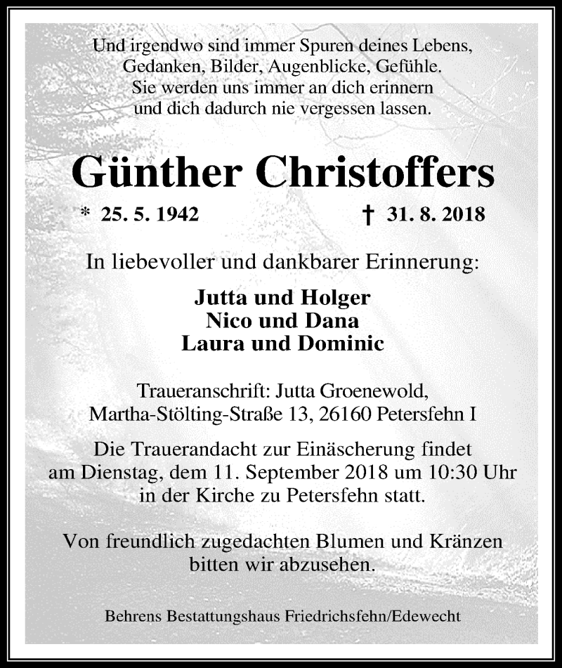  Traueranzeige für Günther Christoffers vom 08.09.2018 aus Nordwest-Zeitung