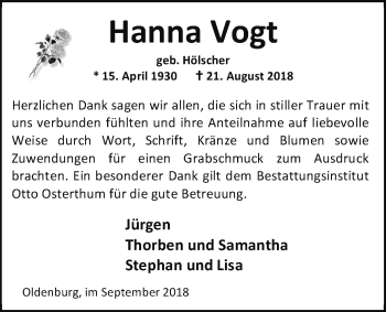 Traueranzeige von Hanna Vogt von Nordwest-Zeitung