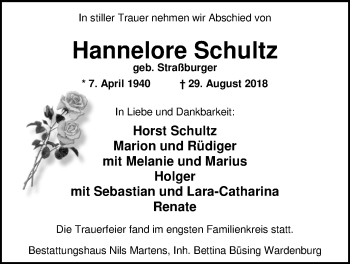 Traueranzeige von Hannelore Schultz von Nordwest-Zeitung