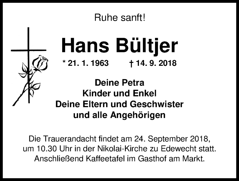  Traueranzeige für Hans Bültjer vom 19.09.2018 aus Nordwest-Zeitung
