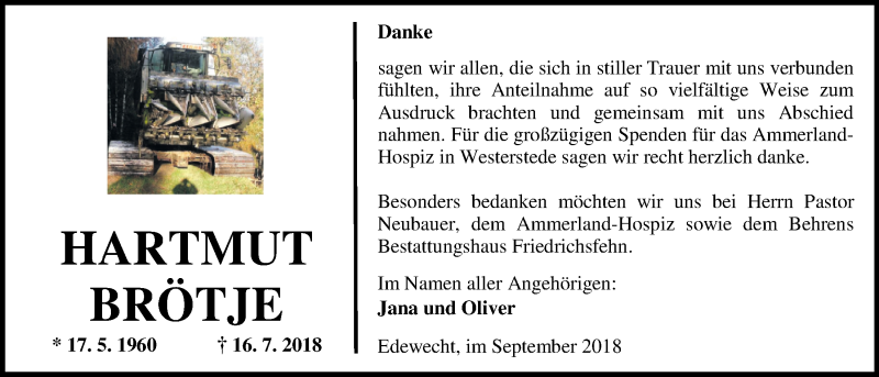  Traueranzeige für Hartmut Brötje vom 01.09.2018 aus Nordwest-Zeitung