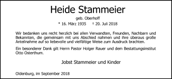 Traueranzeige von Heide Stammeier von Nordwest-Zeitung