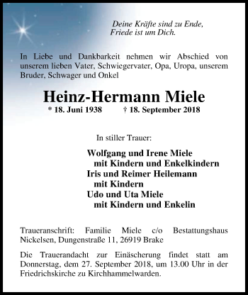 Traueranzeige von Heinz-Hermann Miele von Nordwest-Zeitung