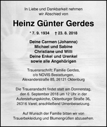 Traueranzeige von Heinz Günter Gerdes von Nordwest-Zeitung