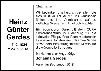 Traueranzeige von Heinz Günter Gerdes von Nordwest-Zeitung
