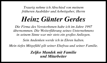 Traueranzeige von Heinz Günter Gerdes von Nordwest-Zeitung