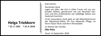 Traueranzeige von Helga Triebkorn von Nordwest-Zeitung