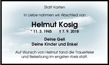 Traueranzeige von Helmut Kosig von Nordwest-Zeitung