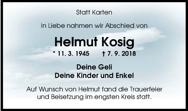  Traueranzeige für Helmut Kosig vom 17.09.2018 aus Nordwest-Zeitung