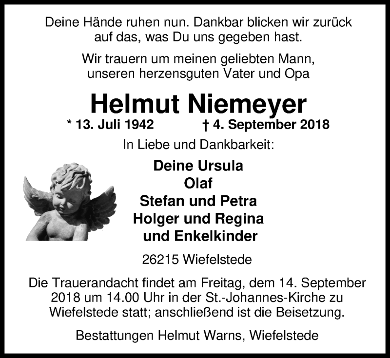 Traueranzeige für Helmut Niemeyer vom 07.09.2018 aus Nordwest-Zeitung
