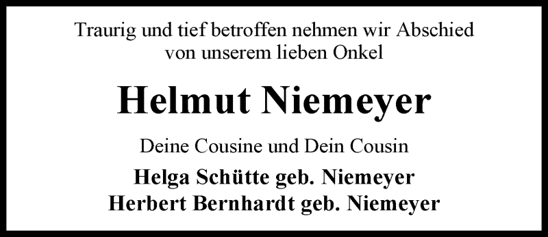  Traueranzeige für Helmut Niemeyer vom 14.09.2018 aus Nordwest-Zeitung