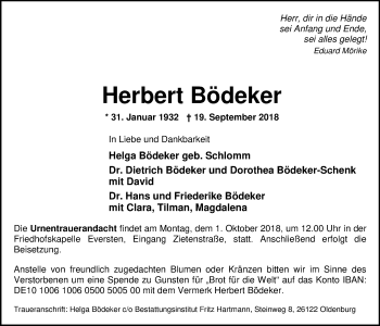 Traueranzeige von Herbert Bödeker von Nordwest-Zeitung