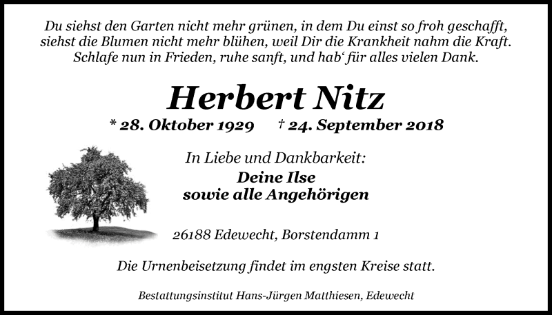  Traueranzeige für Herbert Nitz vom 29.09.2018 aus Nordwest-Zeitung