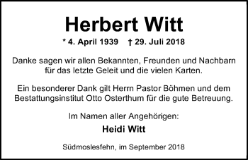 Traueranzeige von Herbert Witt von Nordwest-Zeitung