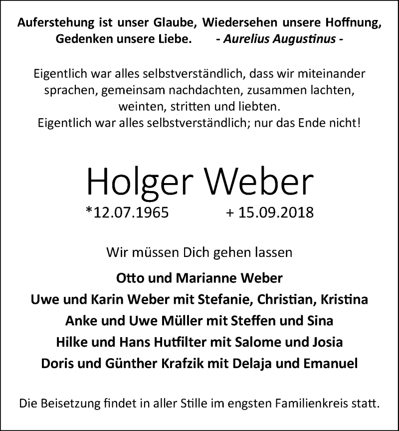  Traueranzeige für Holger Weber vom 22.09.2018 aus Nordwest-Zeitung