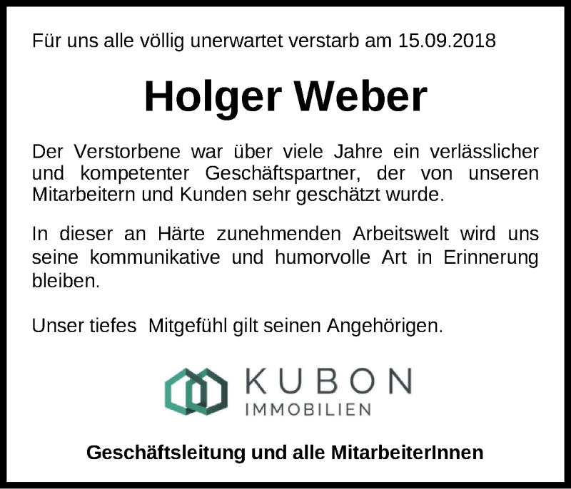  Traueranzeige für Holger Weber vom 22.09.2018 aus Nordwest-Zeitung