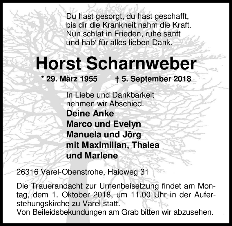  Traueranzeige für Horst Scharnweber vom 28.09.2018 aus Nordwest-Zeitung