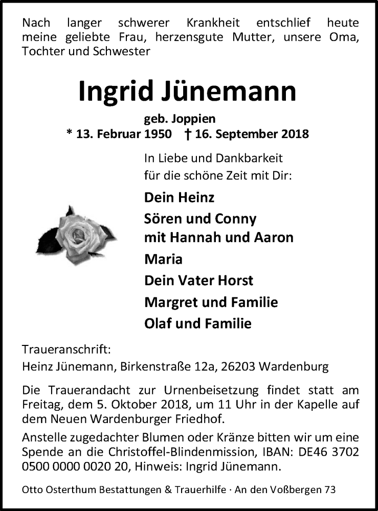  Traueranzeige für Ingrid Jünemann vom 29.09.2018 aus Nordwest-Zeitung