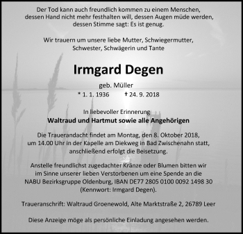 Traueranzeige von Irmgard Degen von Nordwest-Zeitung