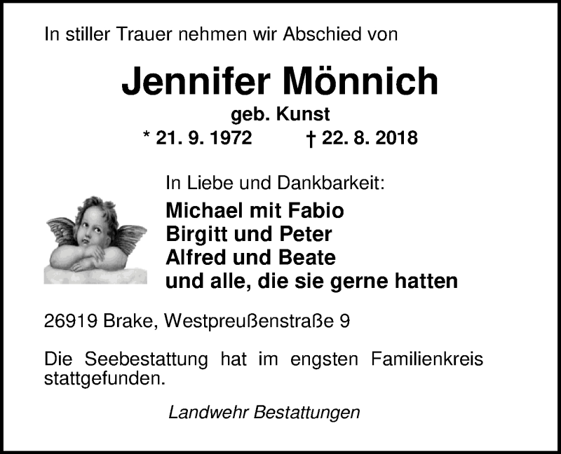  Traueranzeige für Jennifer Mönnich vom 12.09.2018 aus Nordwest-Zeitung