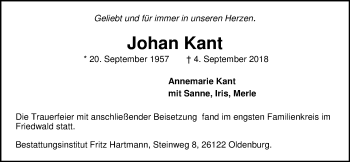 Traueranzeige von Johan Kant von Nordwest-Zeitung