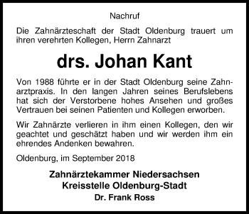 Traueranzeige von Johan Kant von Nordwest-Zeitung