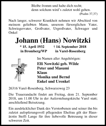 Traueranzeige von Johann Nowitzki von Nordwest-Zeitung