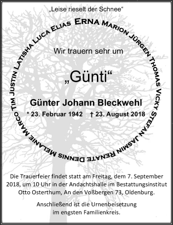 Traueranzeige von Johann Günter Bleckwehl von Nordwest-Zeitung