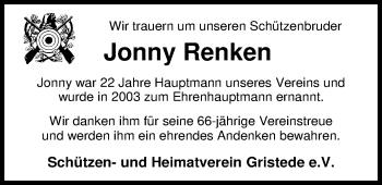 Traueranzeige von Jonny Renken von Nordwest-Zeitung