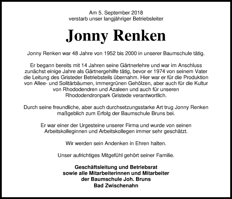  Traueranzeige für Jonny Renken vom 07.09.2018 aus Nordwest-Zeitung