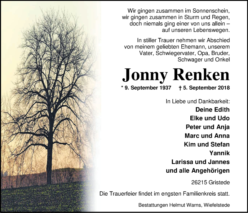  Traueranzeige für Jonny Renken vom 07.09.2018 aus Nordwest-Zeitung