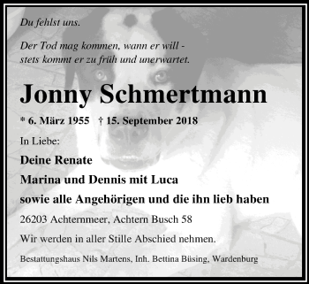 Traueranzeige von Jonny Schmertmann von Nordwest-Zeitung