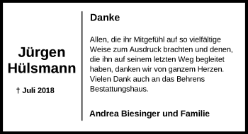 Traueranzeige von Jürgen Hülsmann von Nordwest-Zeitung