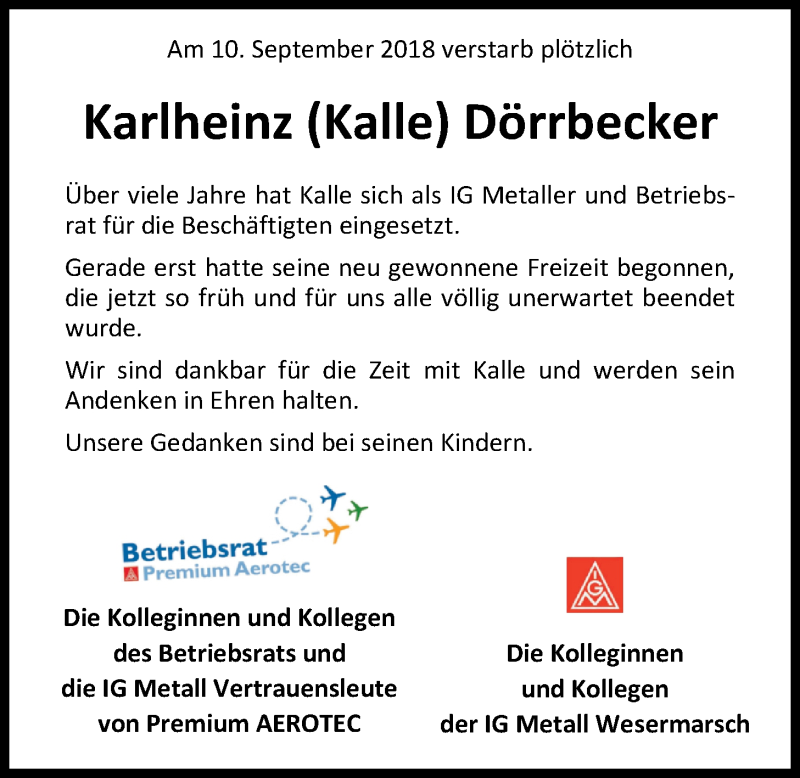  Traueranzeige für Karlheinz Dörrbecker vom 15.09.2018 aus Nordwest-Zeitung