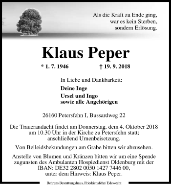 Traueranzeige von Klaus Peper von Nordwest-Zeitung