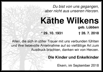 Traueranzeige von Käthe Wilkens von Nordwest-Zeitung