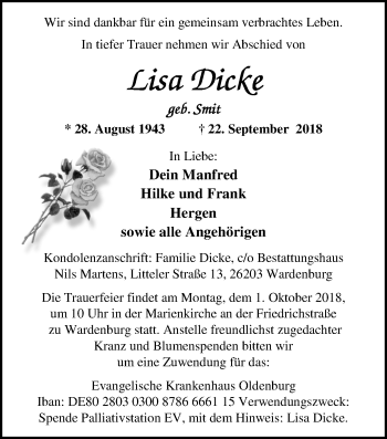 Traueranzeige von Lisa Dicke von Nordwest-Zeitung